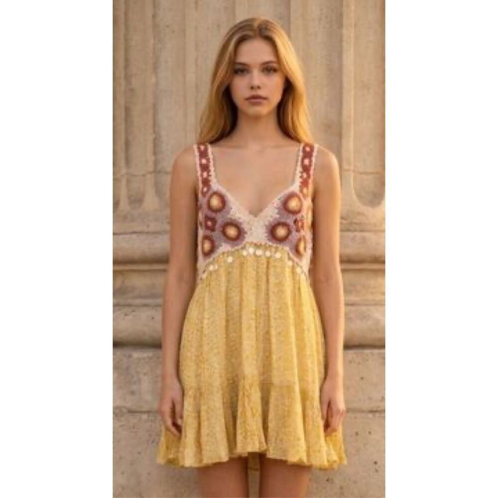 Zara Limited Edition Yellow Crochet Mini Dress Size XL
